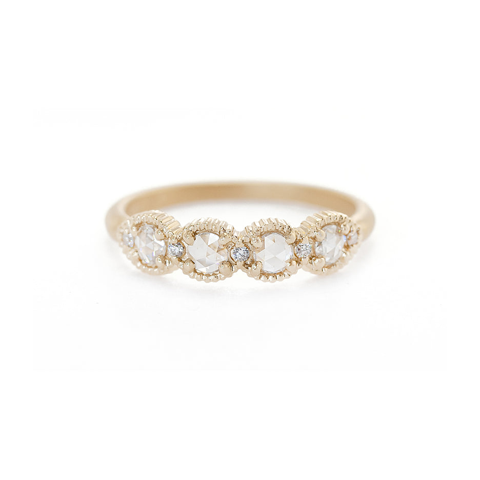Handmade wedding or stacking band with rose cut diamonds and brilliant cut accents with ribbed details in 18K yellow gold by Designer Megan Thorne