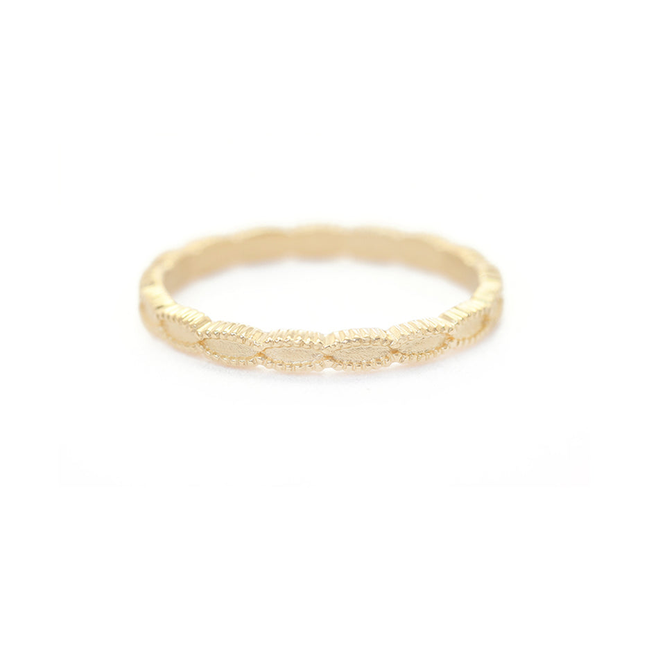 Handmade simple plain thin wedding band with scalloped ribbing in 18K yellow gold by Designer Megan Thorne