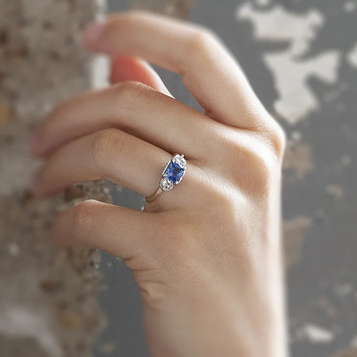 Ribbon Crown 3-Stone Ring (LC8586) - Blue Sapphire and Rose Cut Diamonds