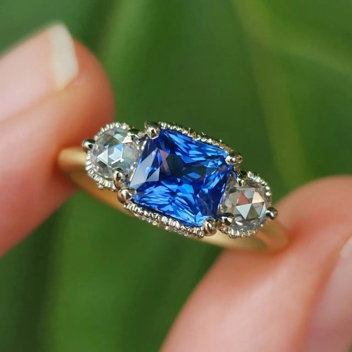 Ribbon Crown 3-Stone Ring (LC8586) - Blue Sapphire and Rose Cut Diamonds