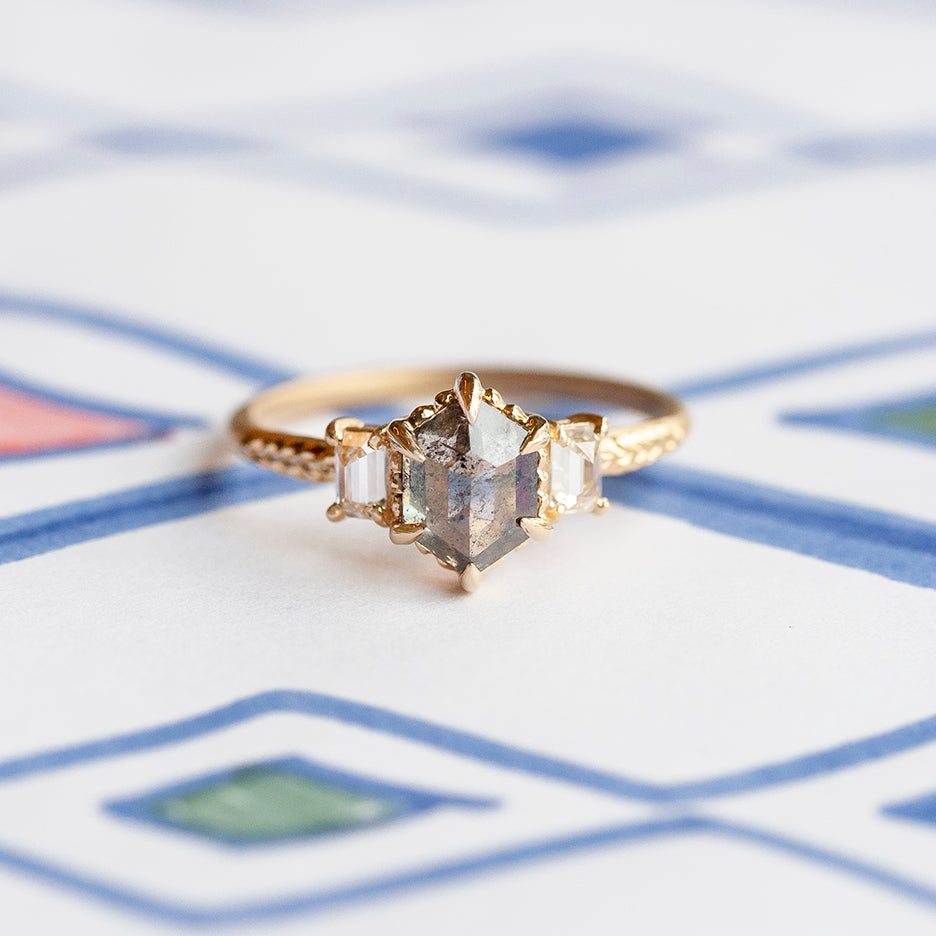 Evergreen 3 Stone Ring (LC6760)- 1.17ct Hexagon Salt and Pepper Diamond with Emerald Cut Side Stones