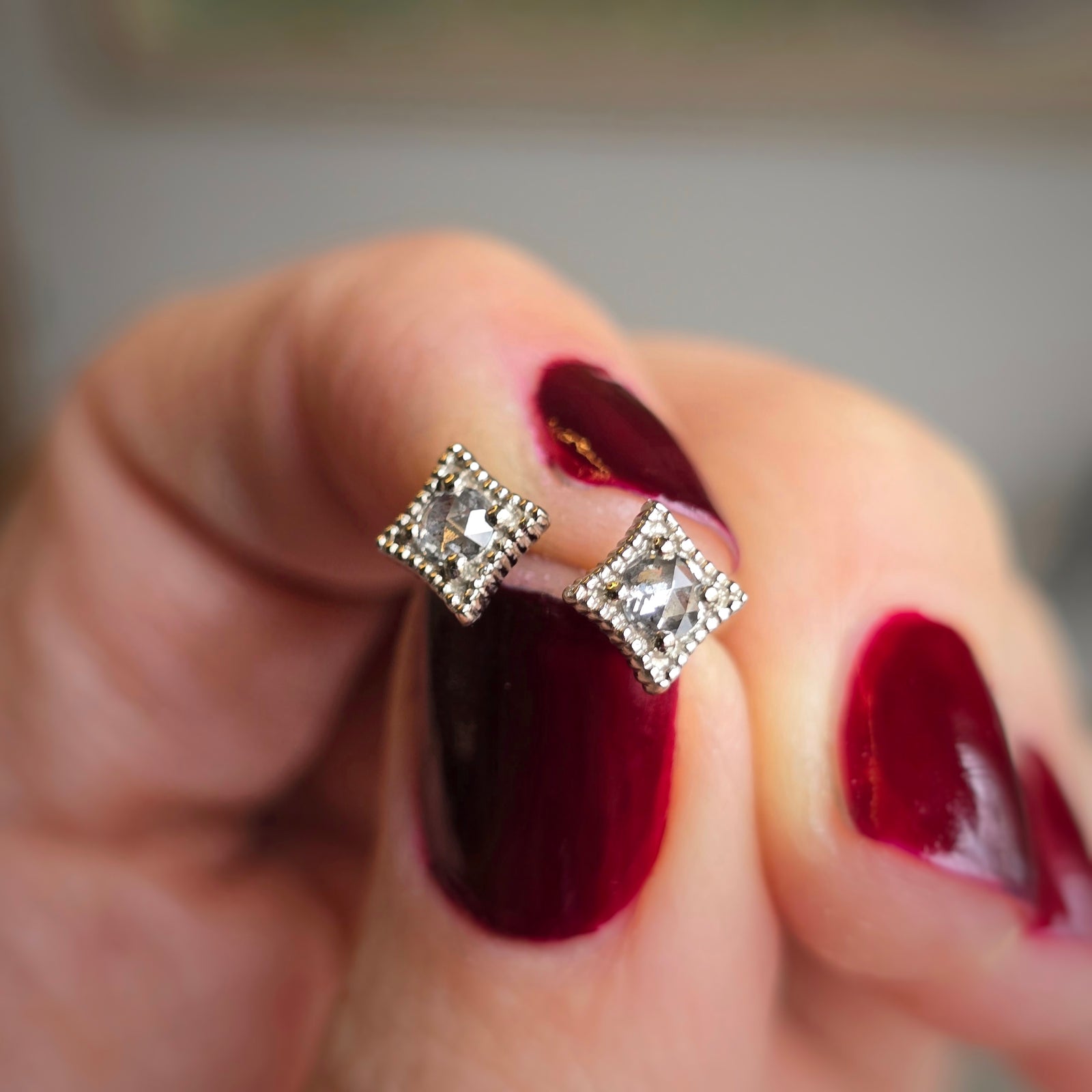 Rose Cut Salt and Pepper Diamond Stud Earrings in White Gold with Detailing Front View