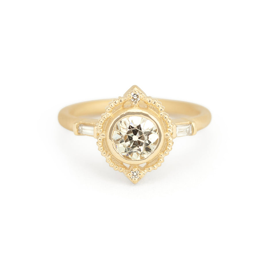 Antique Diamond Ring in Yellow Gold with Detailing Front View