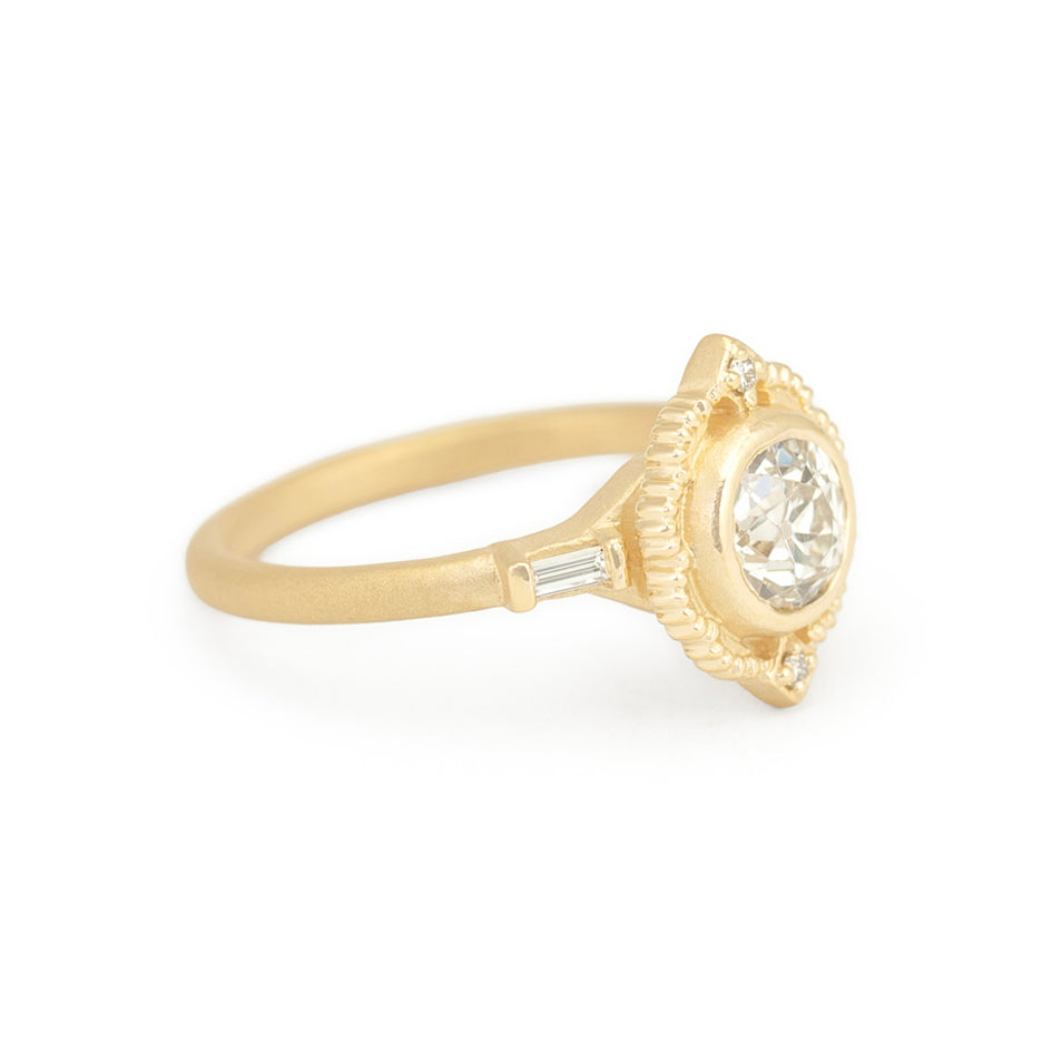 Antique Diamond Ring in Yellow Gold with Detailing Side View