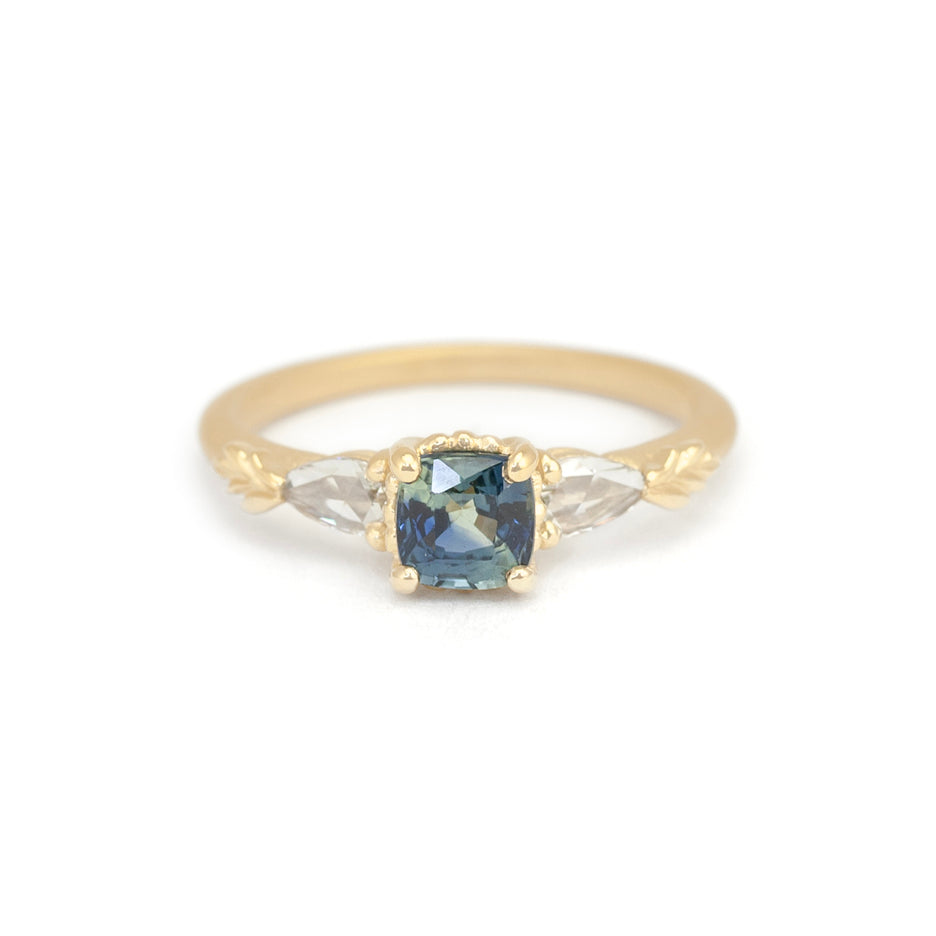 Colored Sapphire Engagement Ring in Yellow Gold with Botanical Detailing Front View