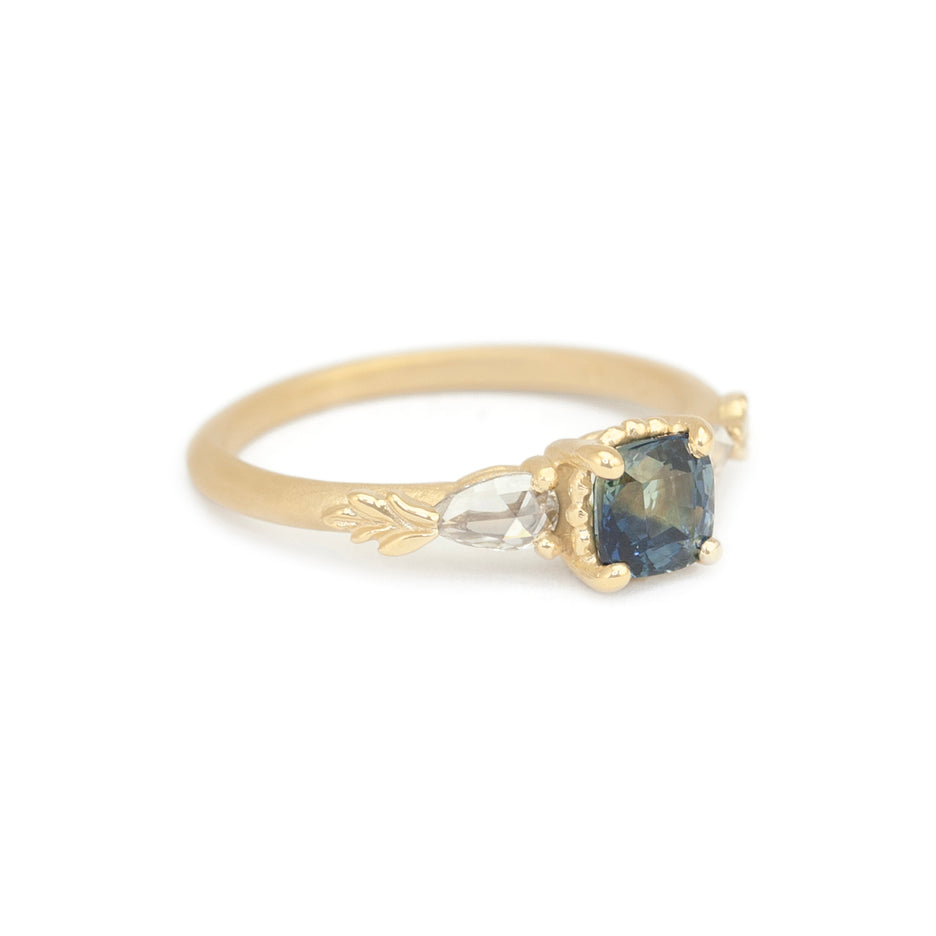 Colored Sapphire Engagement Ring in Yellow Gold with Botanical Detailing Side View