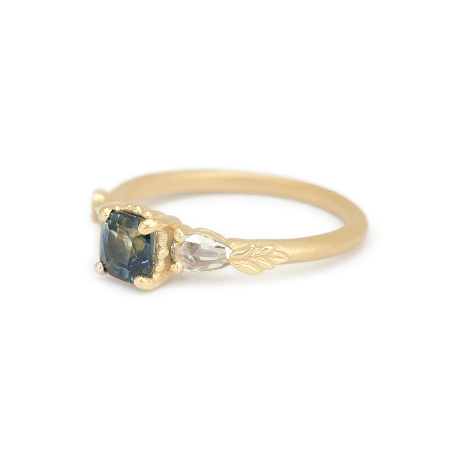 Colored Sapphire Engagement Ring in Yellow Gold with Botanical Detailing Side View