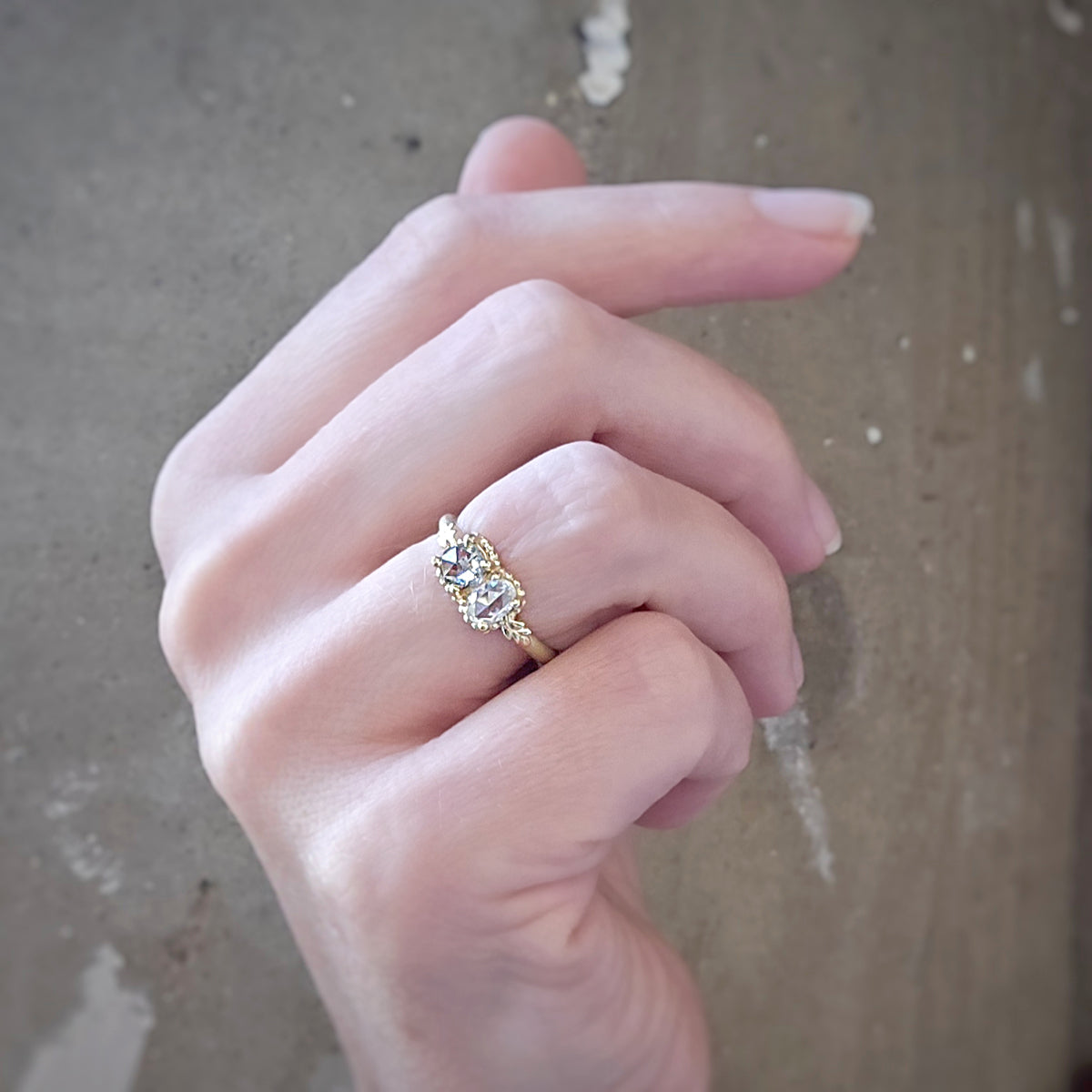 Wood Nymph Duet Ring (LC9125) -  Rose Cut Oval Diamond &amp; Rose Cut Antique Rustic Diamond