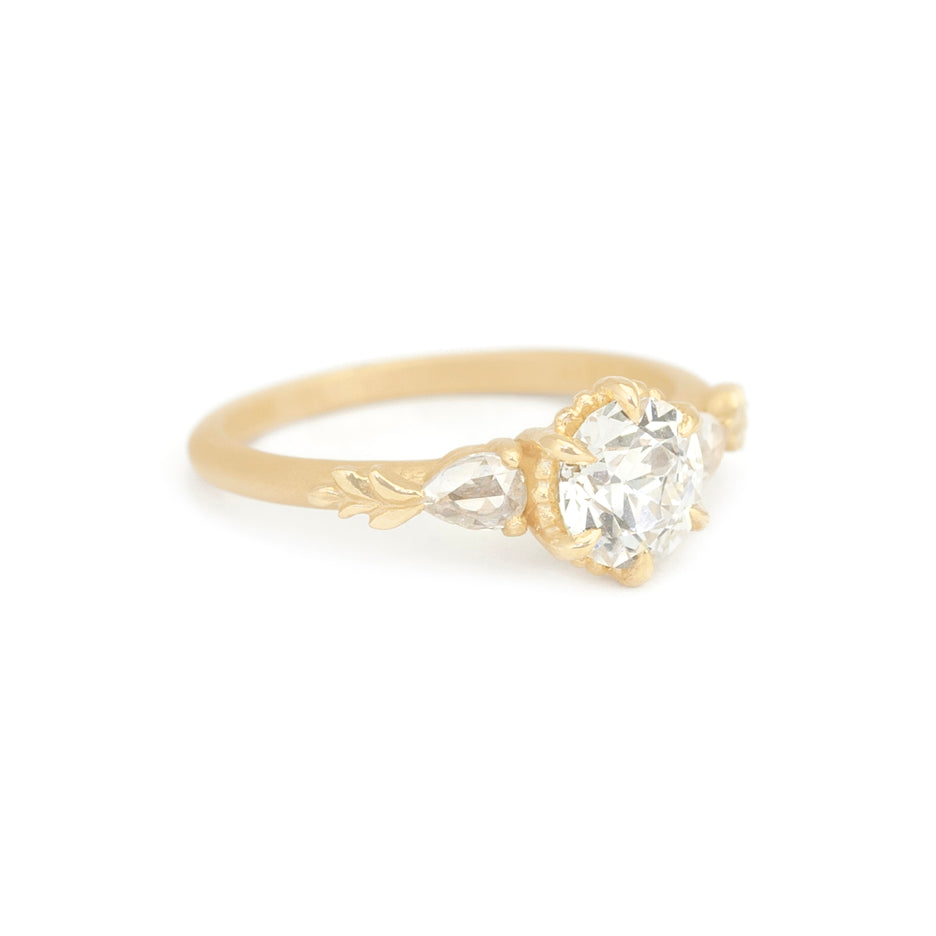 Diamond Engagement Ring in Yellow Gold with Botanical Detailing Side View