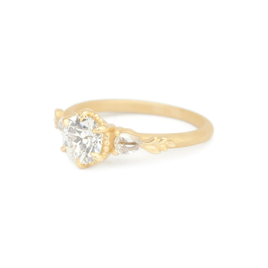 Diamond Engagement Ring in Yellow Gold with Botanical Detailing Side View