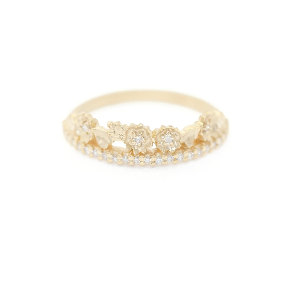 Diamond Wedding Band in Yellow Gold with Botanical Detailing Front View