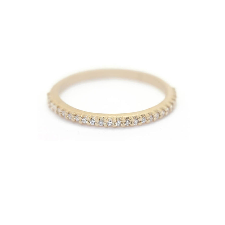 Handmade pave wedding or stacking band with diamonds and beading in 18K yellow gold thin version by Designer Megan Thorne