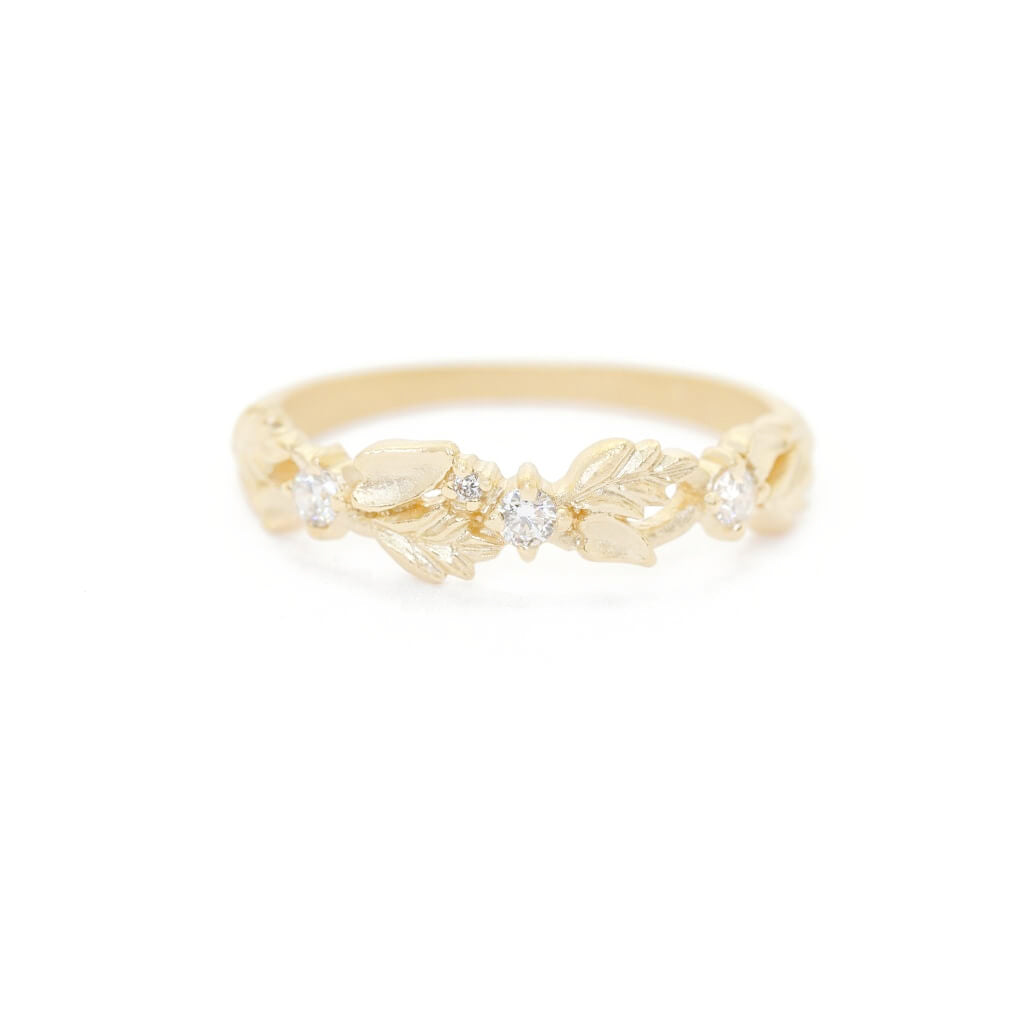 Handmade wide wedding band or stacking ring with diamonds and hand carved floral Wood Nymph details in 18K yellow gold by Designer Megan Thorne
