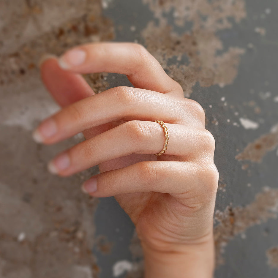 Wedding Band in Yellow Gold with Botanical Detailing Front View
