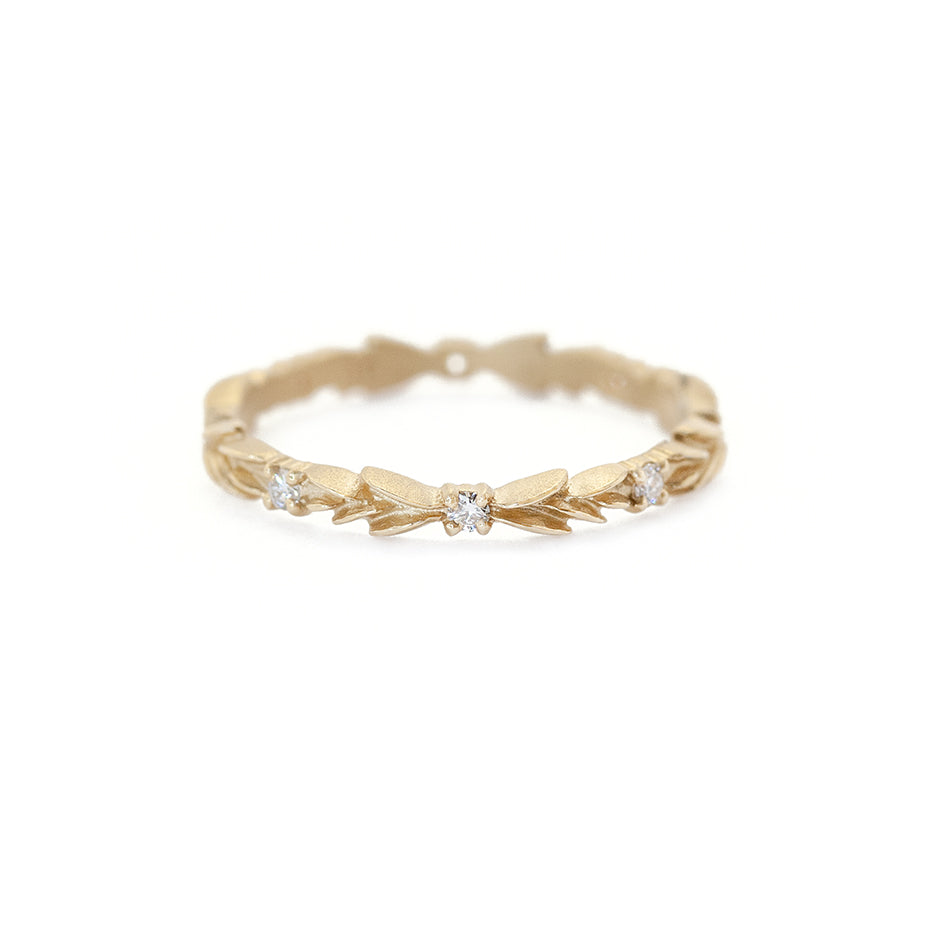 Handmade floral botanical inspired wedding or stacking band with diamonds hand carved in 18K yellow gold by Designer Megan Thorne