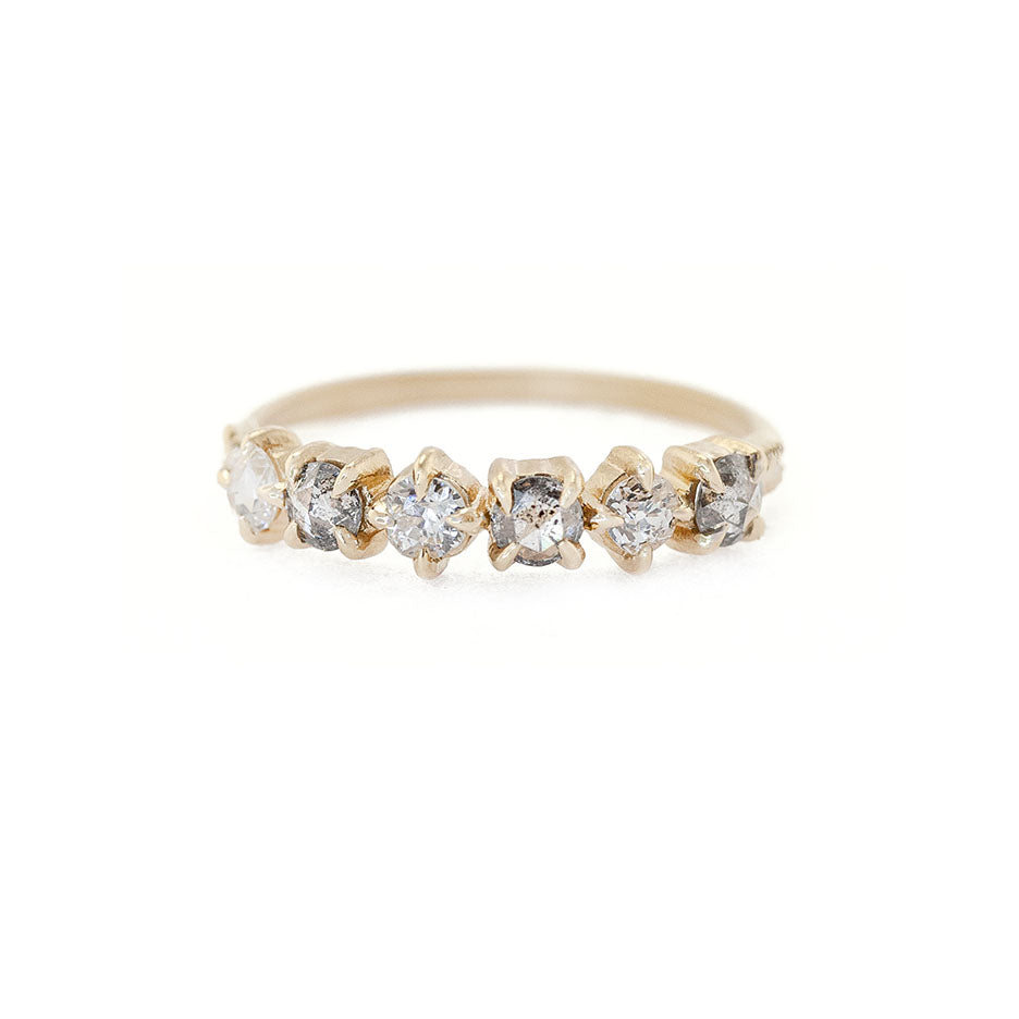 rose cut salt &amp; pepper diamonds and antique white diamonds in vintage inspired Evergreen Mixie wedding band, angle 1