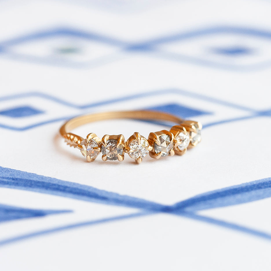 rose cut salt & pepper diamonds and antique white diamonds in vintage inspired Evergreen Mixie wedding band, angle 1