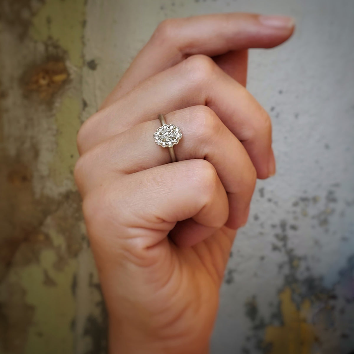 Marquise Diamond Ring in White Gold with Detailing On Finger