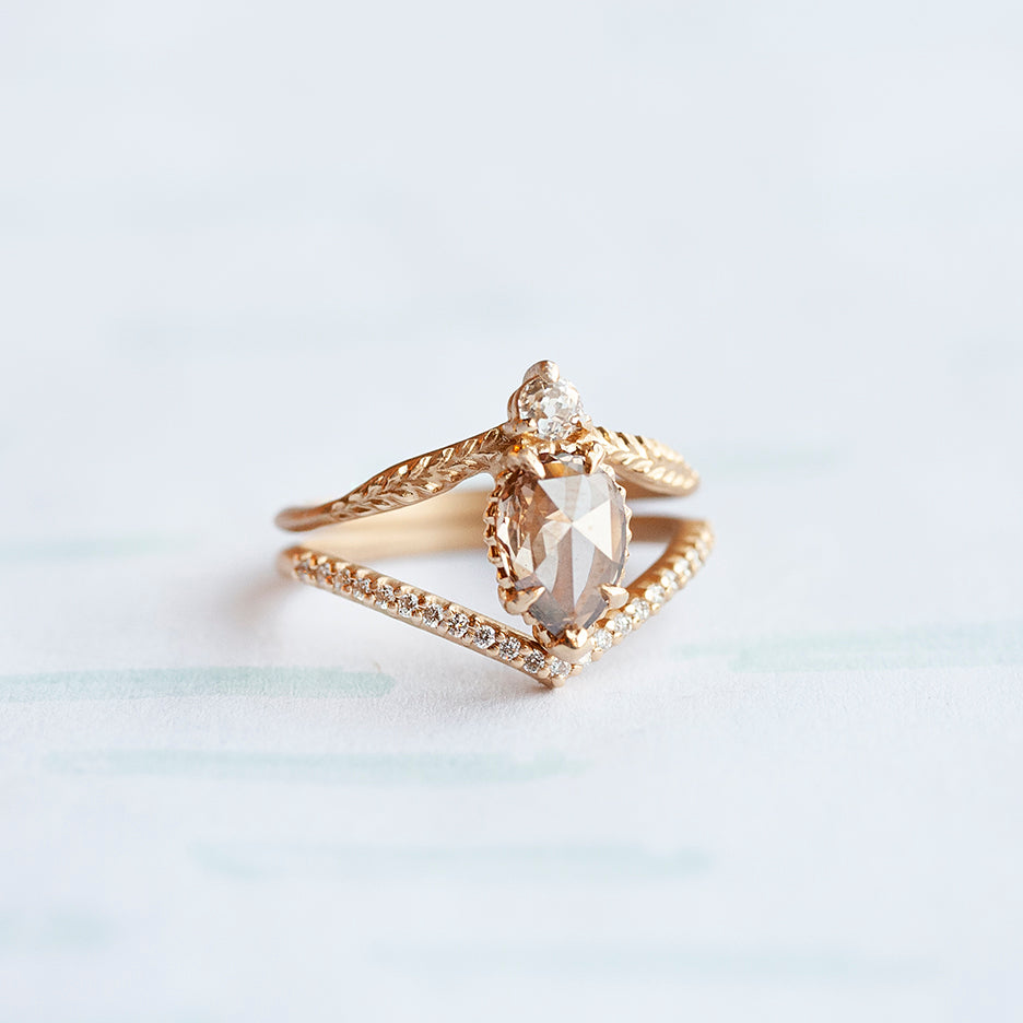 Diamond Wedding V Guard Band in Yellow Gold with Engagement Ring 