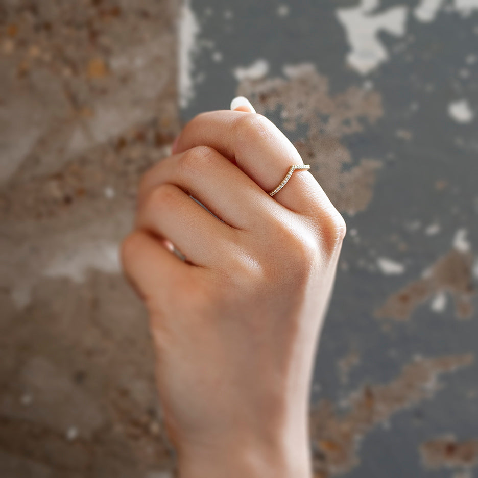 Diamond Wedding V Guard Band in Yellow Gold on Hand 