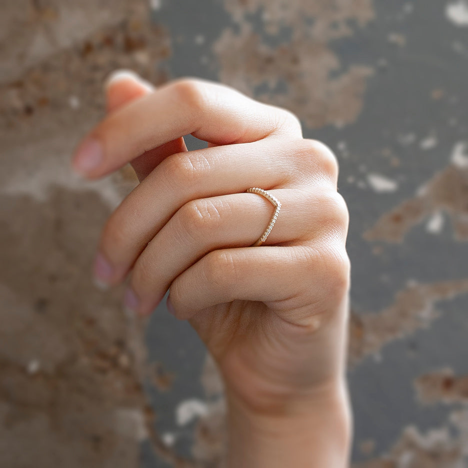 Diamond Wedding V Guard Band in Yellow Gold on Hand