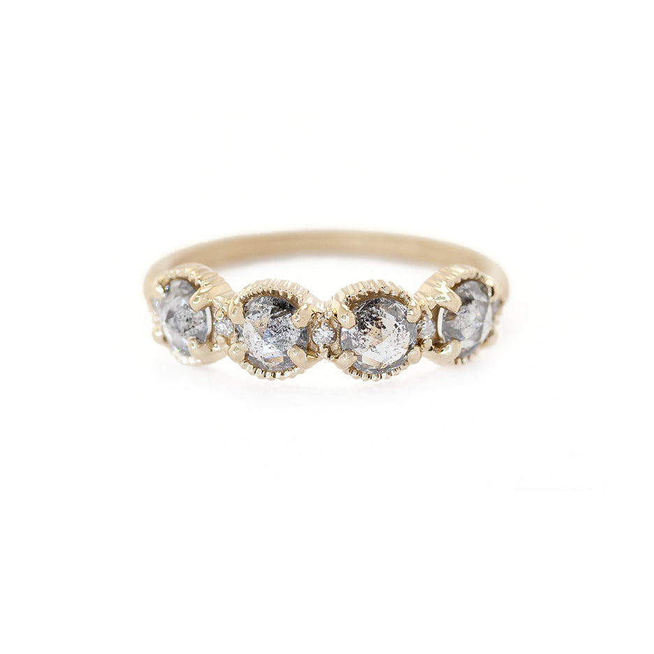 Handmade wedding or stacking band with salt and pepper rose cut diamonds and brilliant cut accents with ribbed details in 18K yellow gold by Designer Megan Thorne