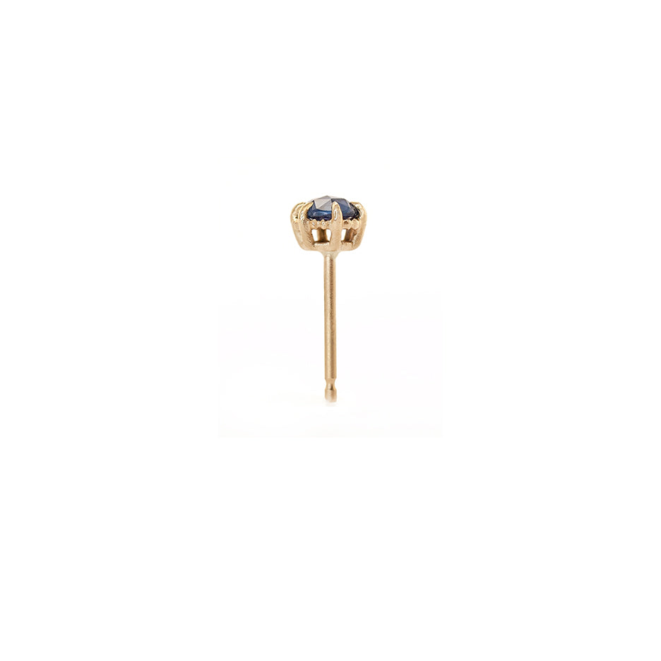 Handmade everyday stud earring with blue rose cut sapphires and Evergreen beading in 18K yellow gold by Designer Megan Thorne