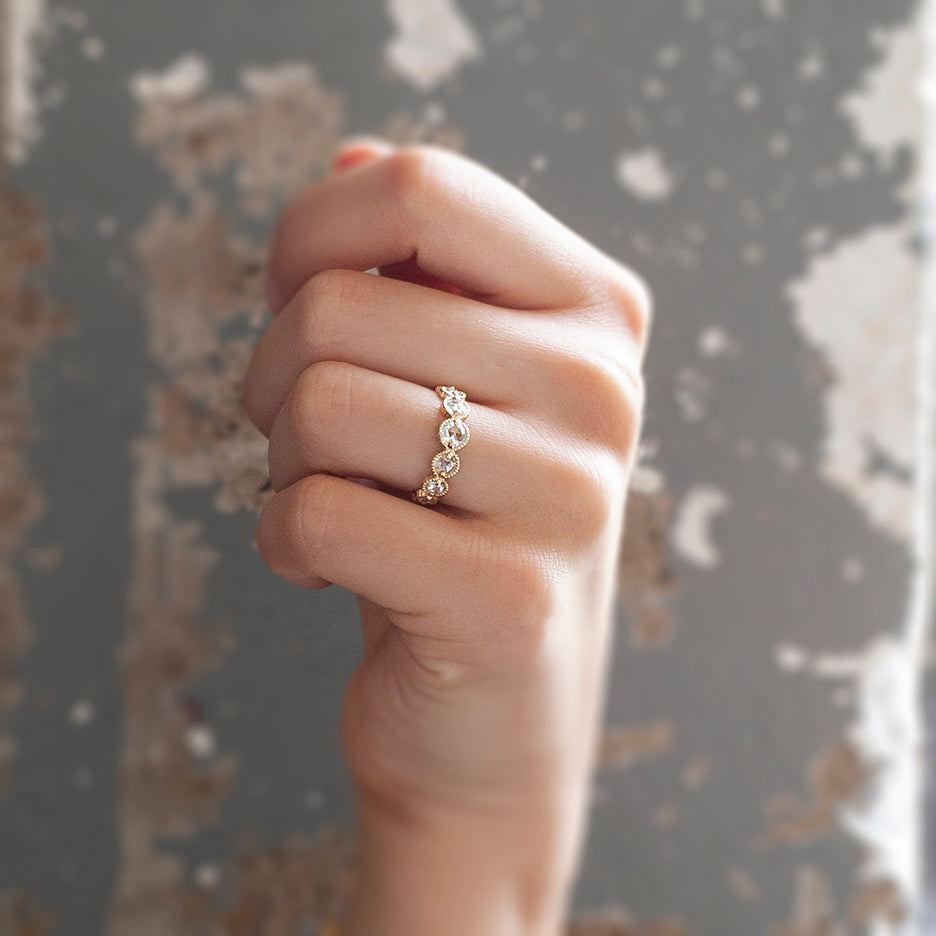 Rose Cut Diamond Wedding Band in Yellow Gold with Detailing Front View