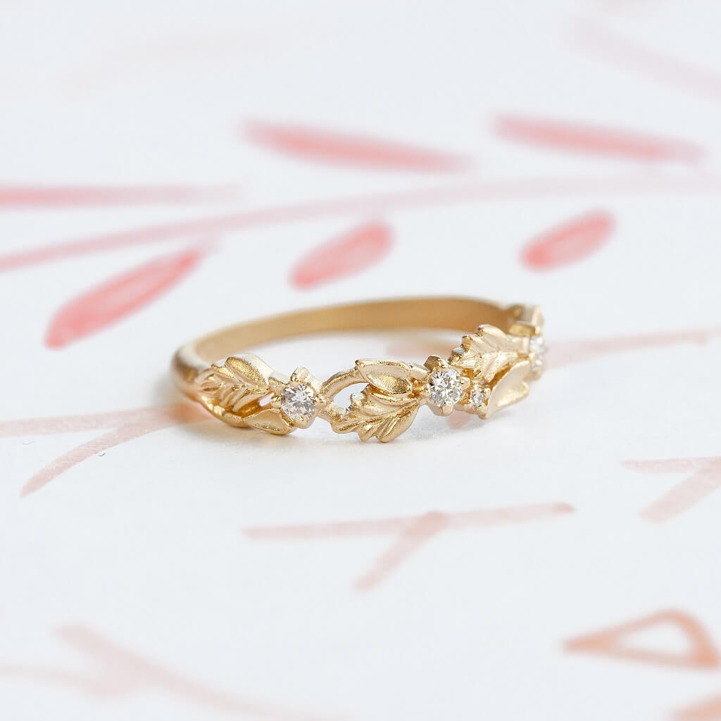 Handmade wide wedding band or stacking ring with diamonds and hand carved floral Wood Nymph details in 18K yellow gold by Designer Megan Thorne