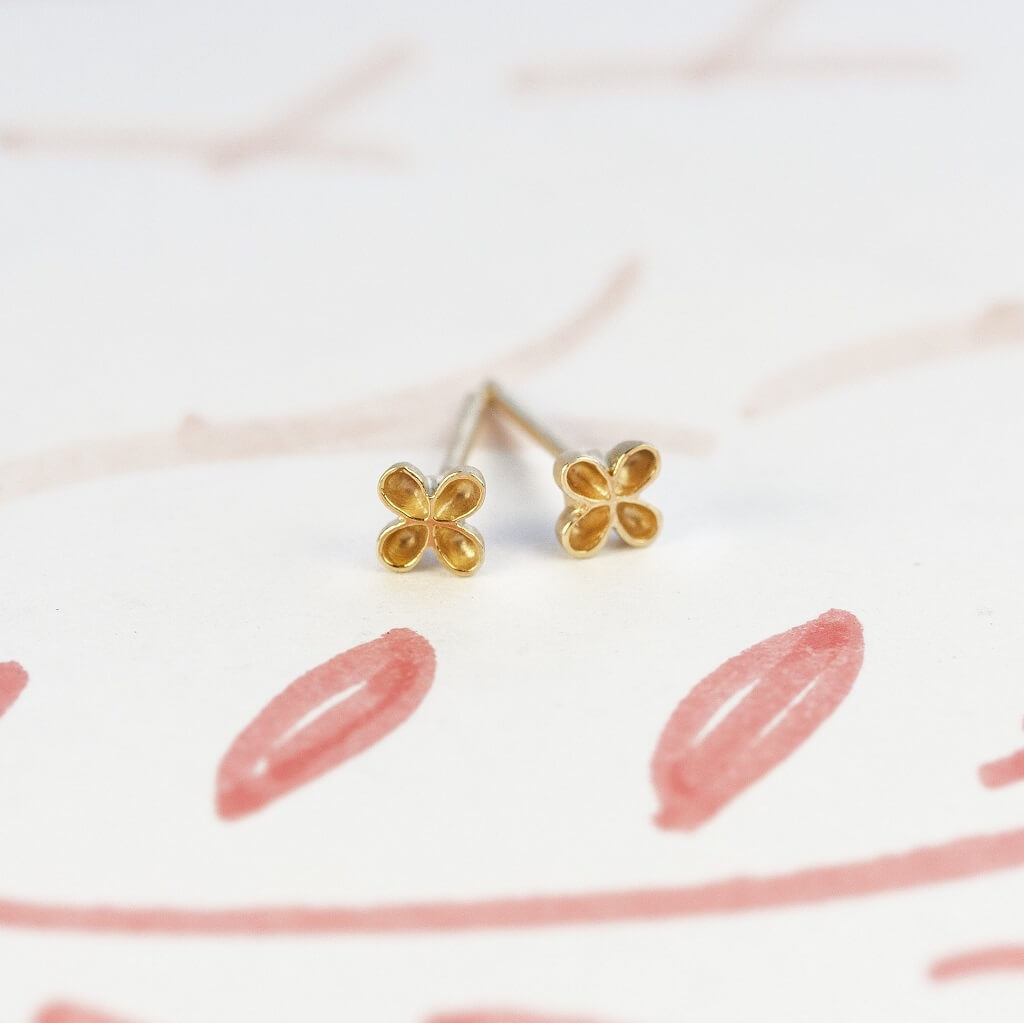Handmade floral 4 petal veil posey everyday studs in 18K yellow gold by Designer Megan Thorne